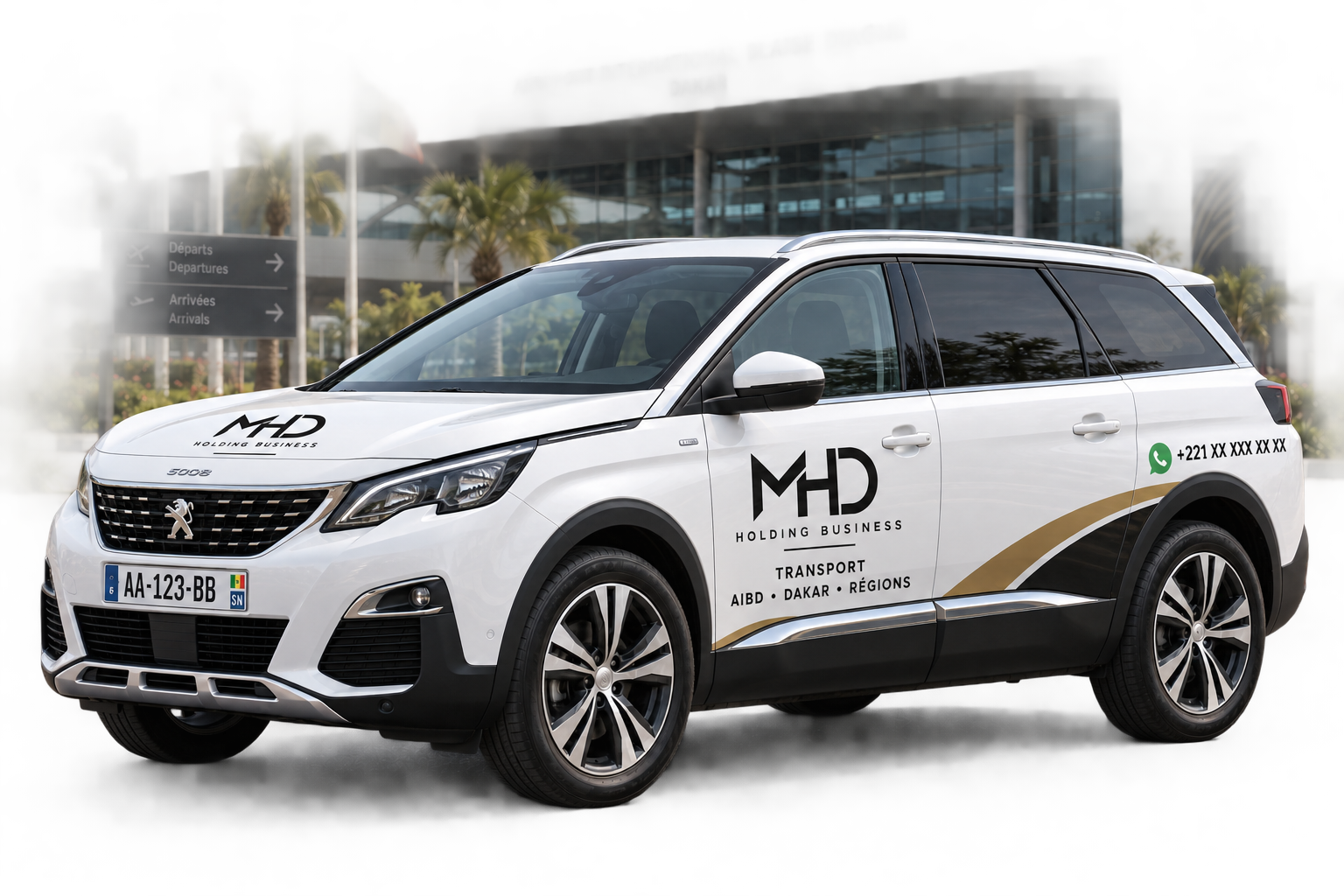 Peugeot 5008 blanc aux couleurs de MHD Transport devant l'aéroport AIBD